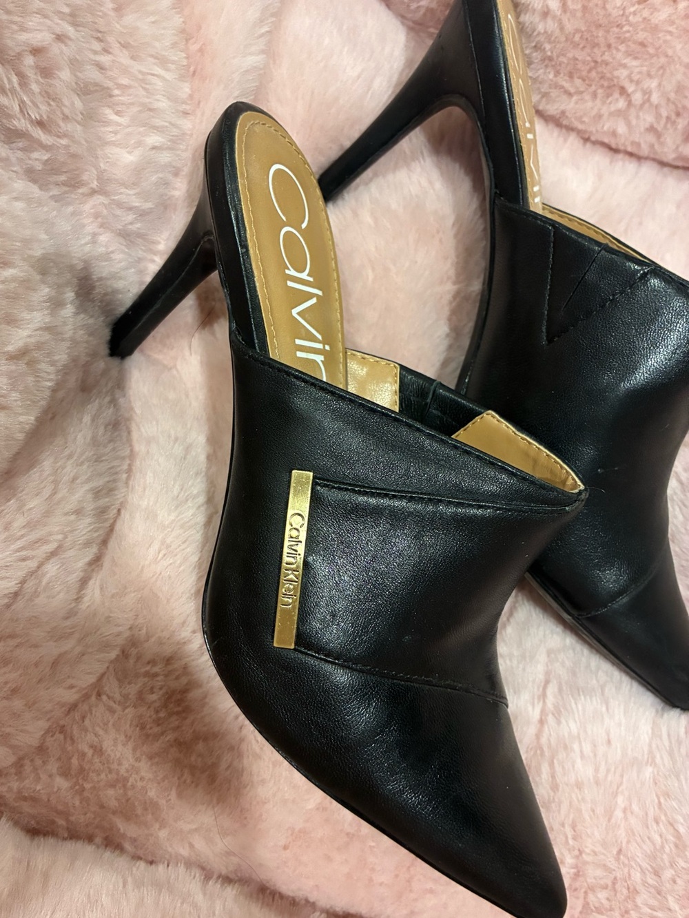 Calvin Klein Black Leather Pointed-Toe Stiletto Mules with Gold Accent